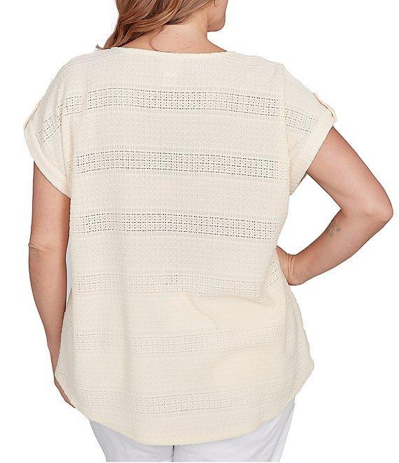 Ruby Rd. Plus Size Crochet Knit Boat Neck Short Button Tab Sleeve Top Product Image