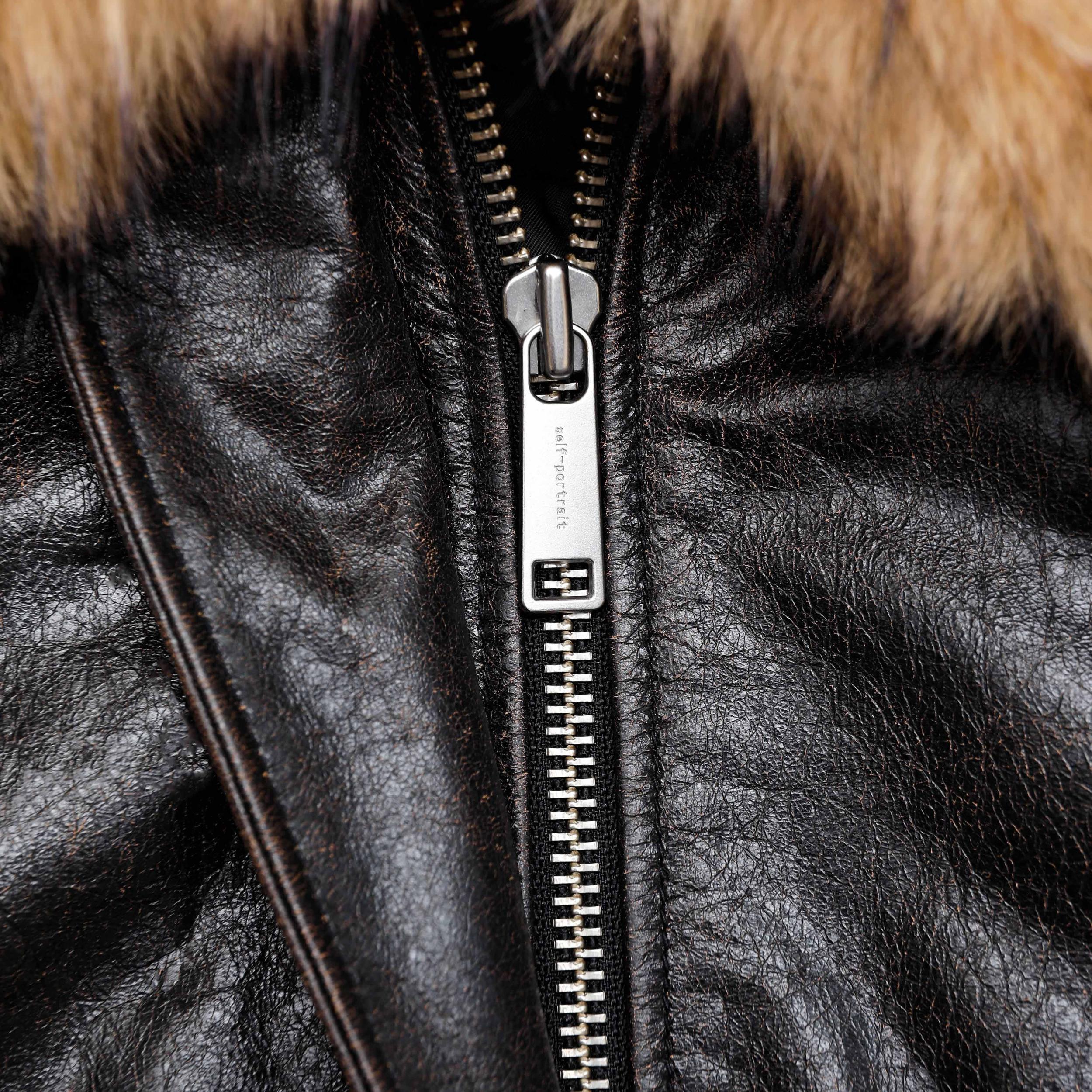 Black Leather Shearling Collar Jacket Product Image