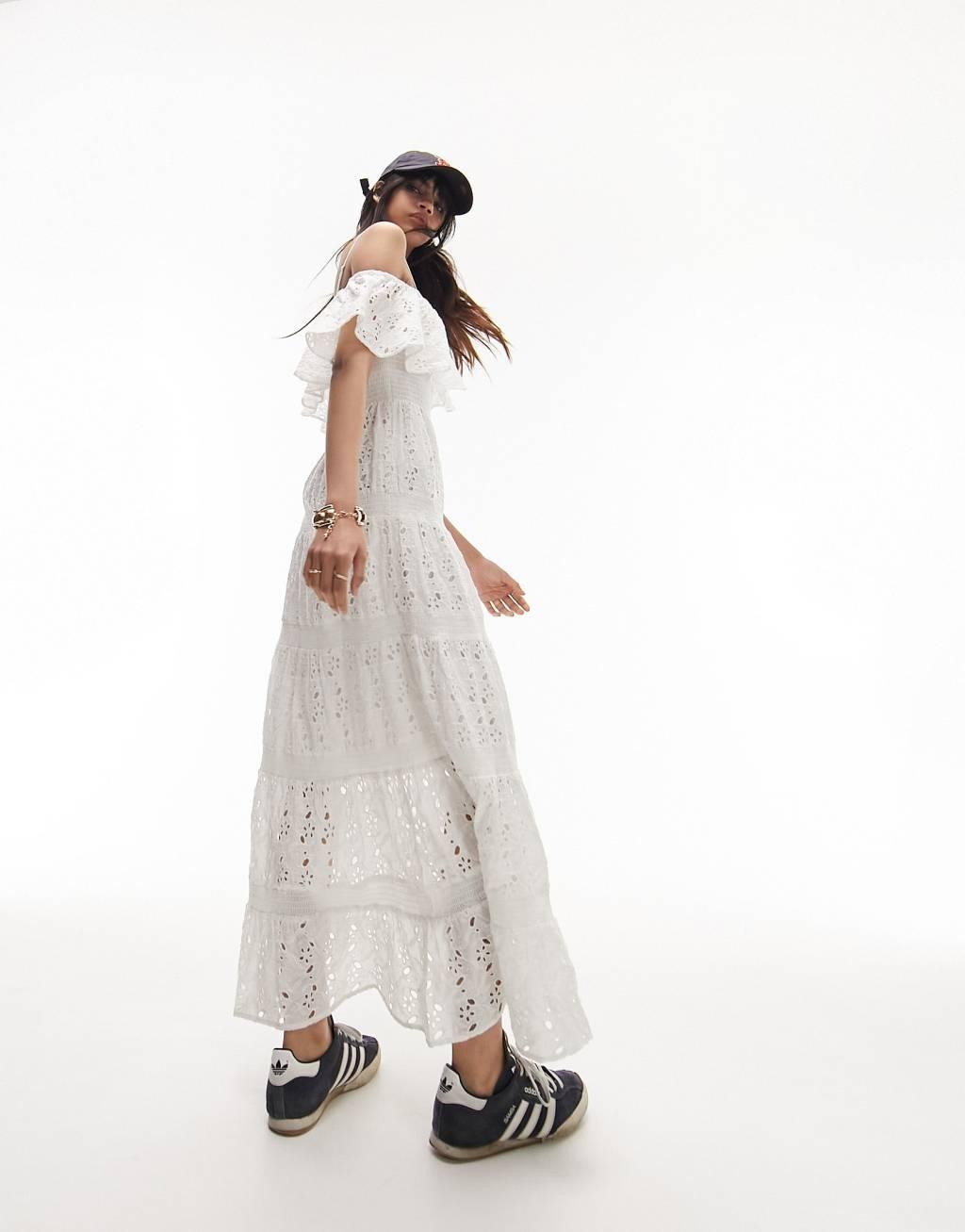 Topshop strappy broderie maxi dress with frill neck Product Image