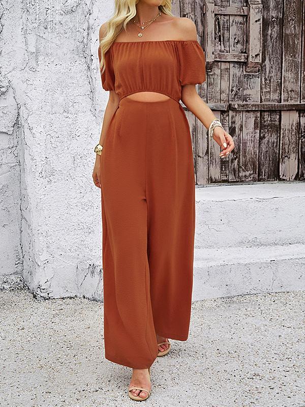 High Waisted Loose Elasticity Hollow Solid Color Tied Waist Off-The-Shoulder Jumpsuits Product Image