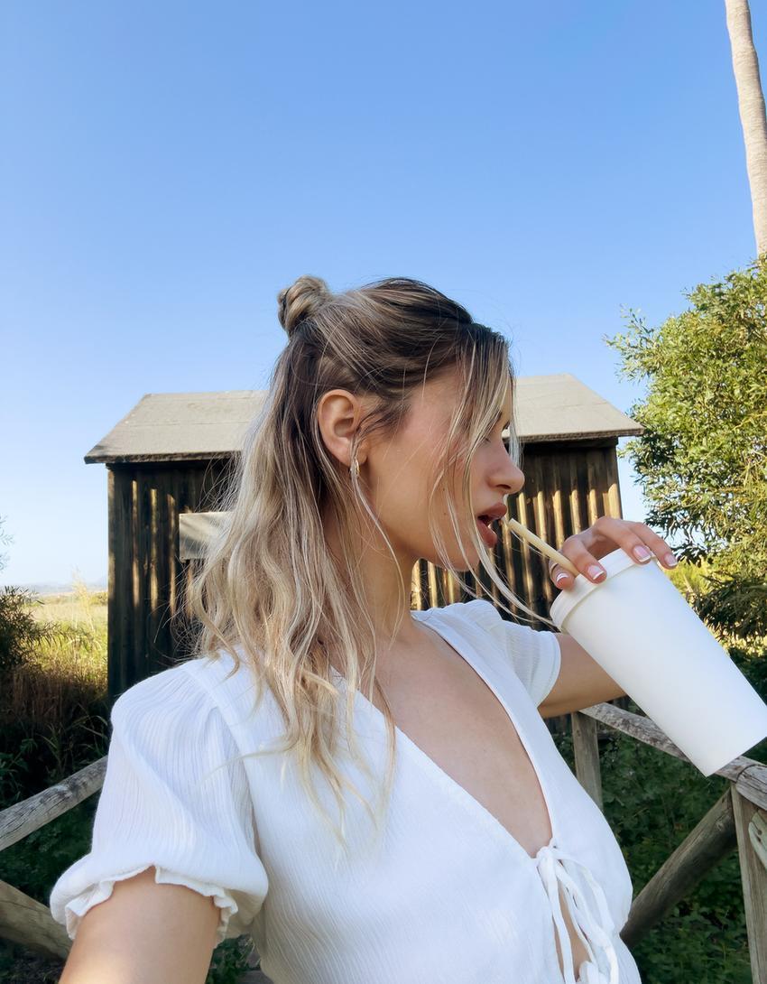 Short sleeve gathered shirt with ties Product Image