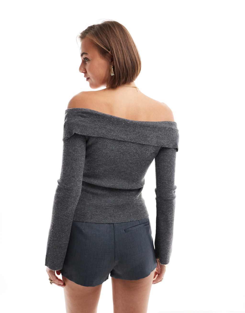 Pretty Lavish cross-over knit top in dark gray Product Image