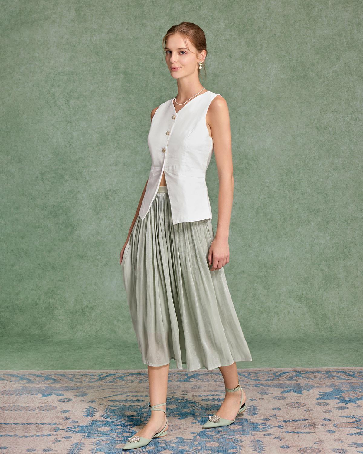 Green Flowy Pleated Midi Skirt Product Image