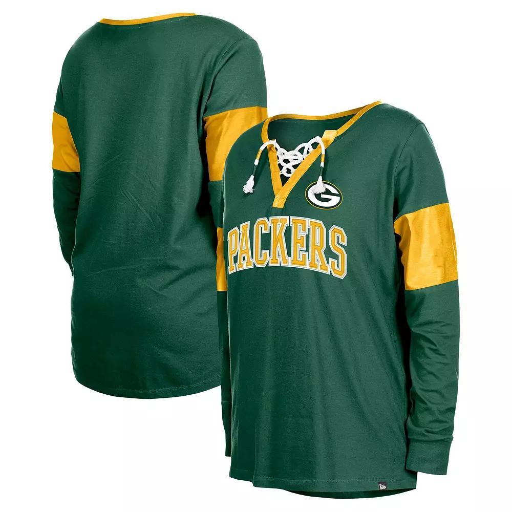 Women's New Era Green Green Bay Packers Lace-Up Notch-Neck Long Sleeve T-Shirt,  Product Image