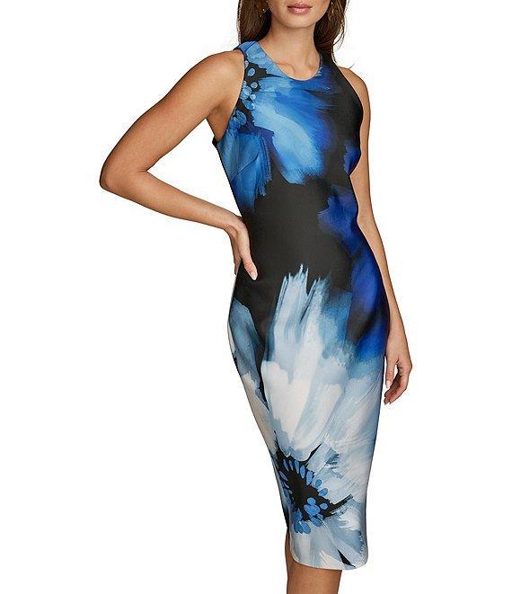 Donna Karan Crew Neck Sleeveless Floral Scuba Sheath Dress Product Image