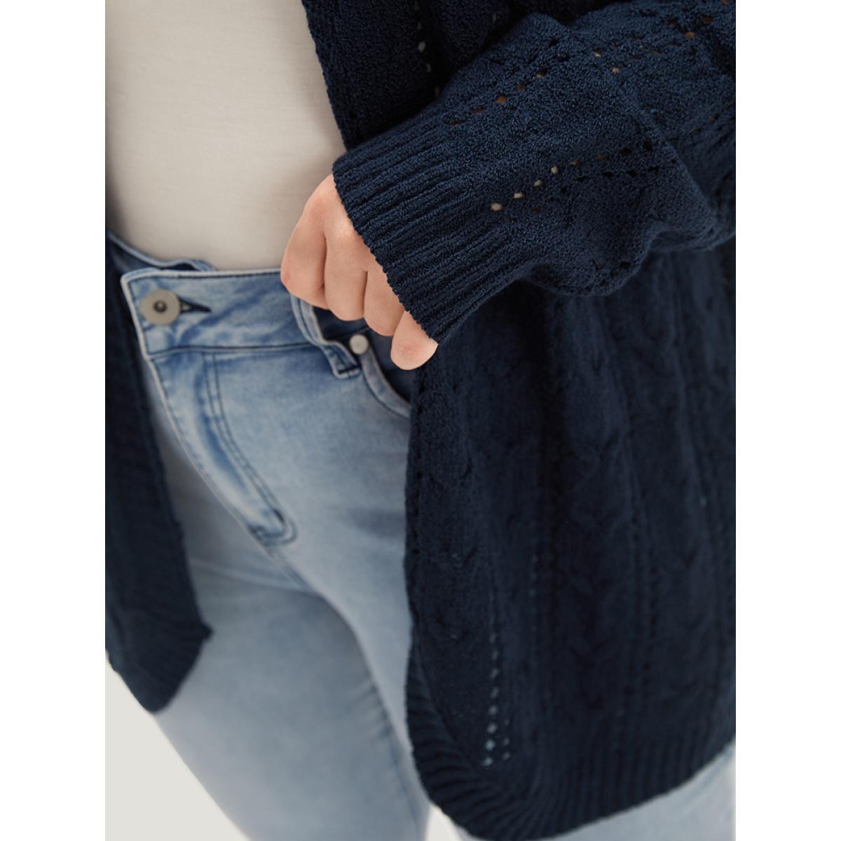 Plus Size Plain Eyelet Curved Hem Drop Shoulder Cardigan Indigo Women Casual Loose Long Sleeve Everyday Cardigans BloomChic 14-16/1X Product Image