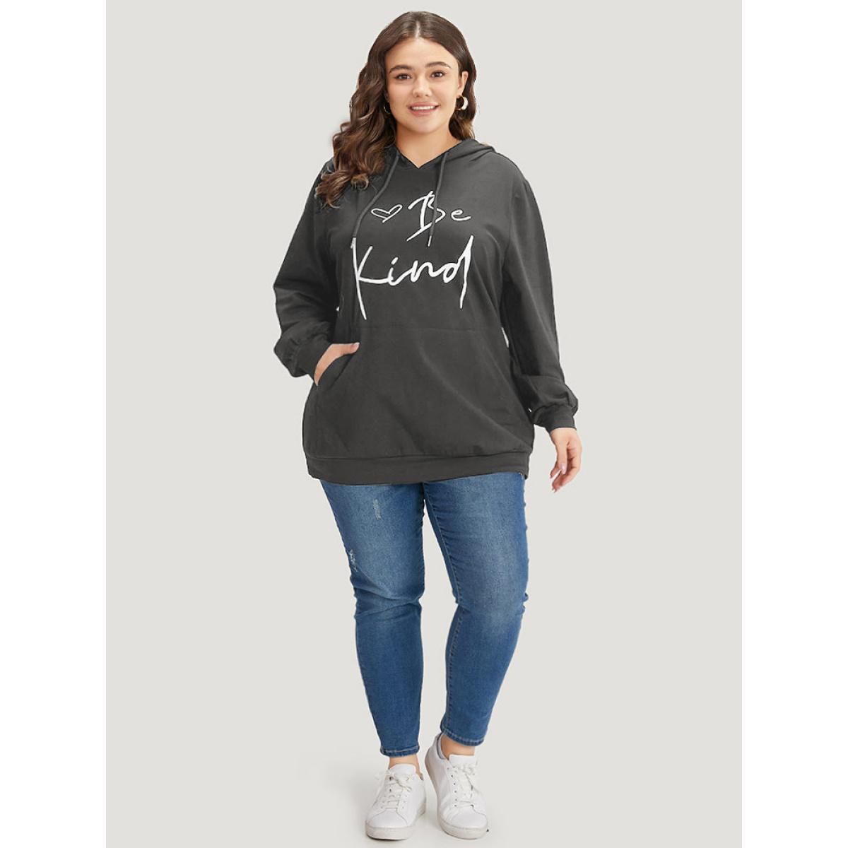 Plus Size Letter Print Pocket Drawstring Hooded Sweatshirt Women Gray Casual Elastic cuffs Dailywear Sweatshirts BloomChic 22-24/3X Product Image