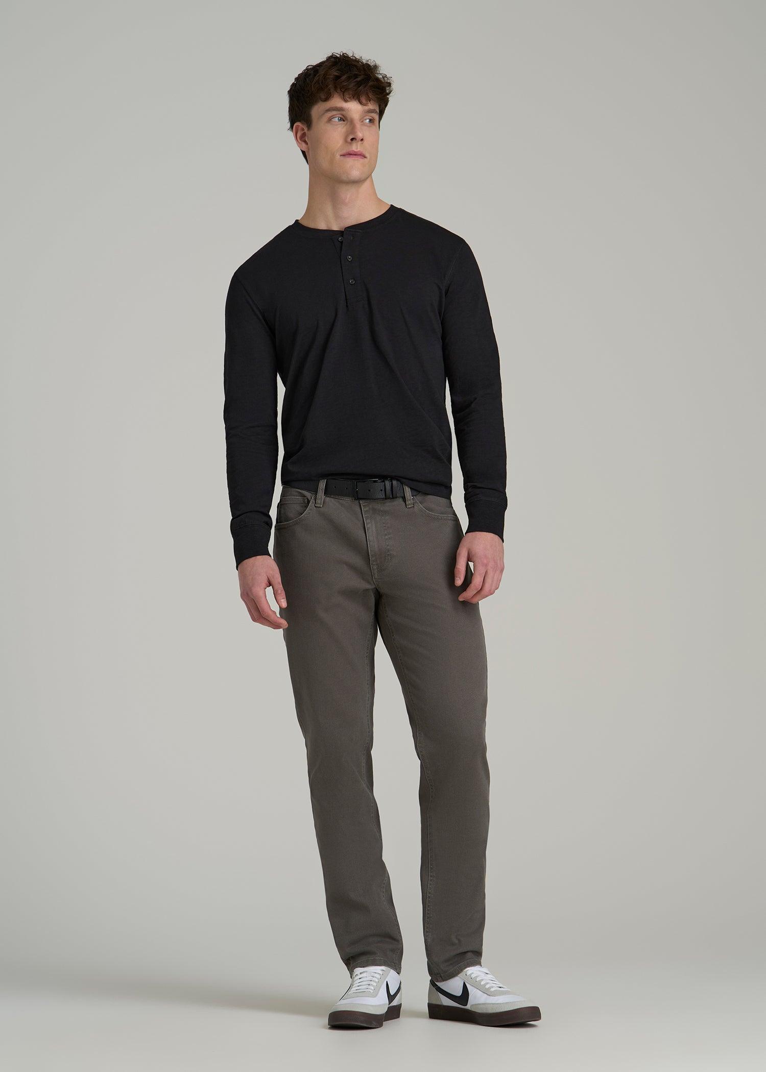Three-Button Long Sleeve Slub Henley for Tall Men in Black Male Product Image