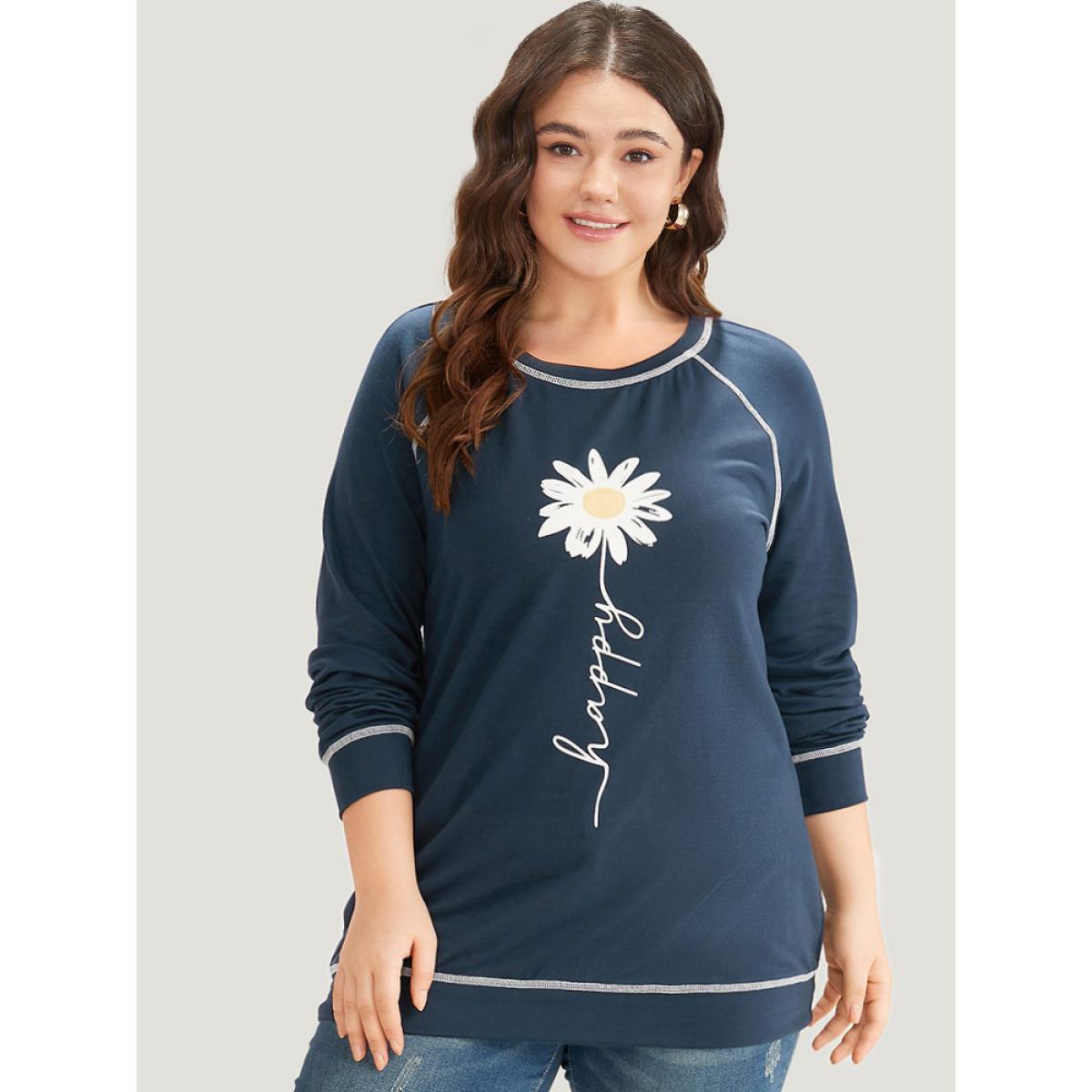 Plus Size Floral Print Stitch Crew Neck Raglan Sleeve Sweatshirt Women ArmyGreen Casual Elastic cuffs Dailywear Sweatshirts BloomChic 22-24/3X Product Image