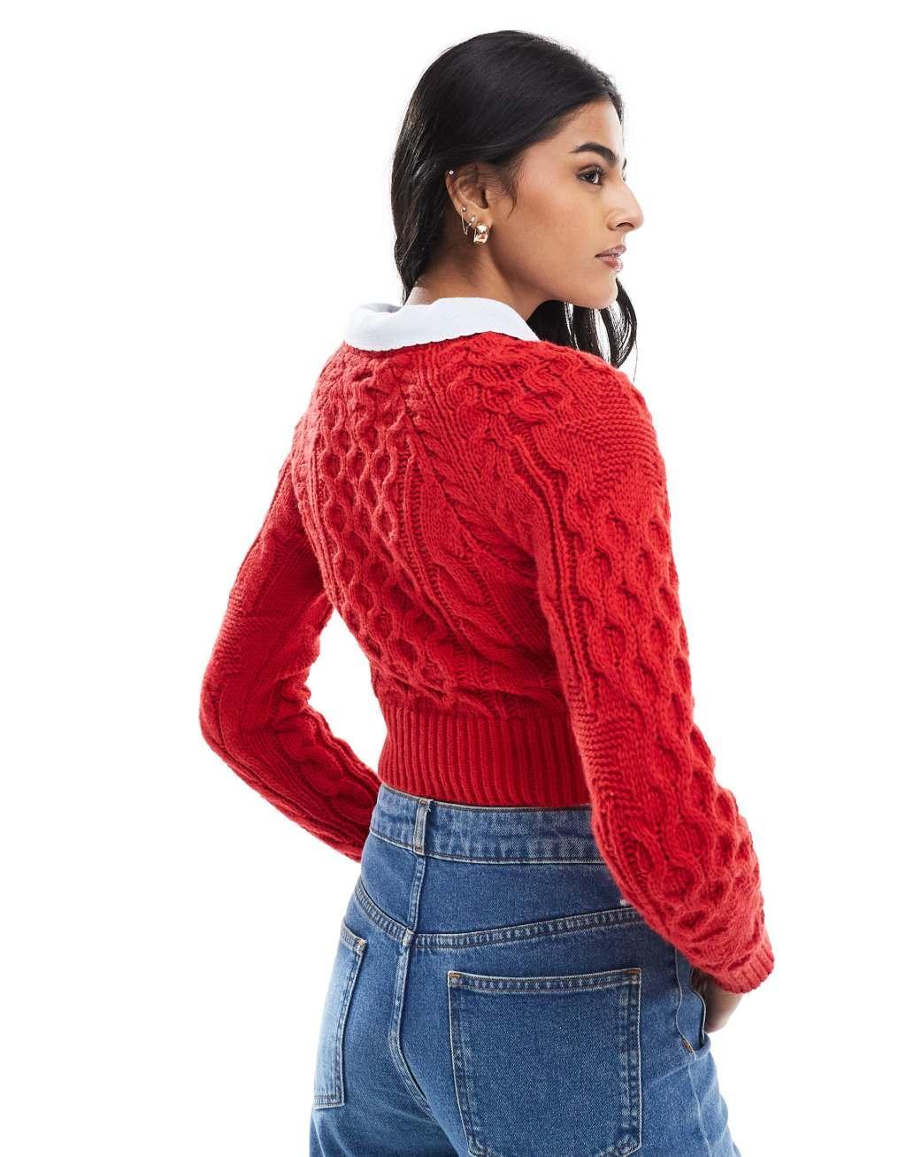 Tommy Jeans star cable knit sweater in bright red Product Image