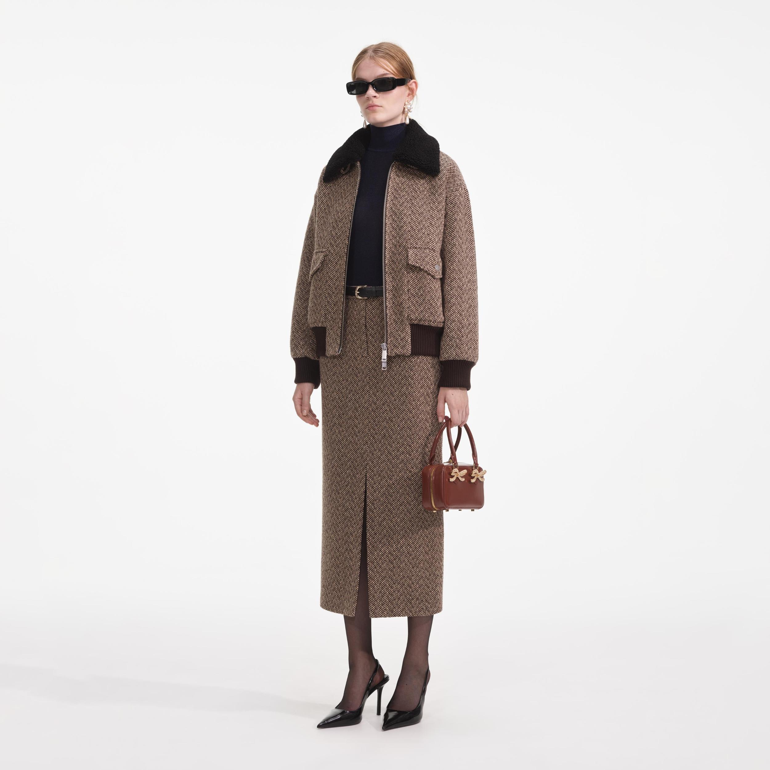 Brown Herringbone Midi Skirt Product Image