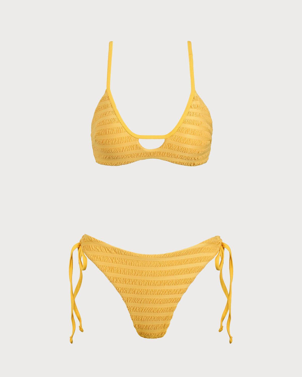 Yellow Textured Ruched Cutout Bikini Set Product Image