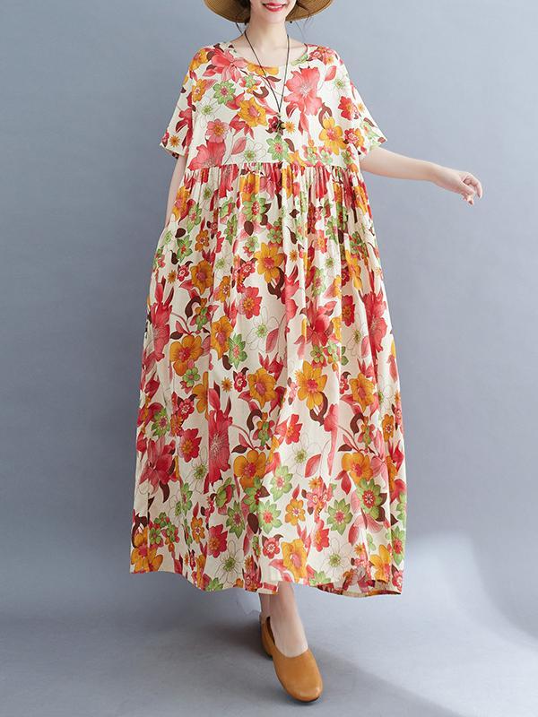 Loose Short Sleeves Pleated Printed Split-Joint Round-Neck Midi Dresses Product Image