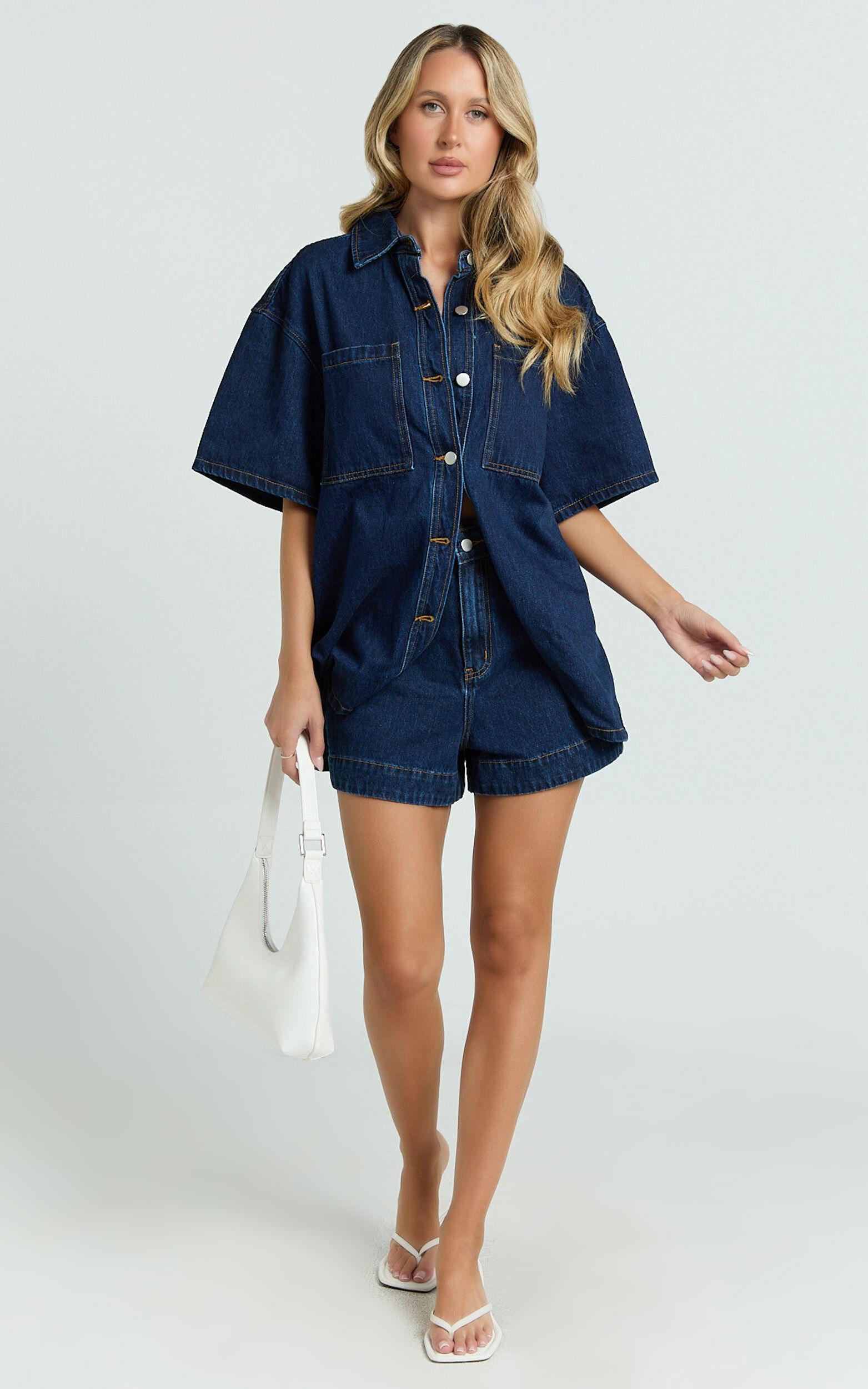 Rhianna Top - Oversized Recycled Denim Hardware Detail Short Sleeve Shirt in Indigo Wash Product Image