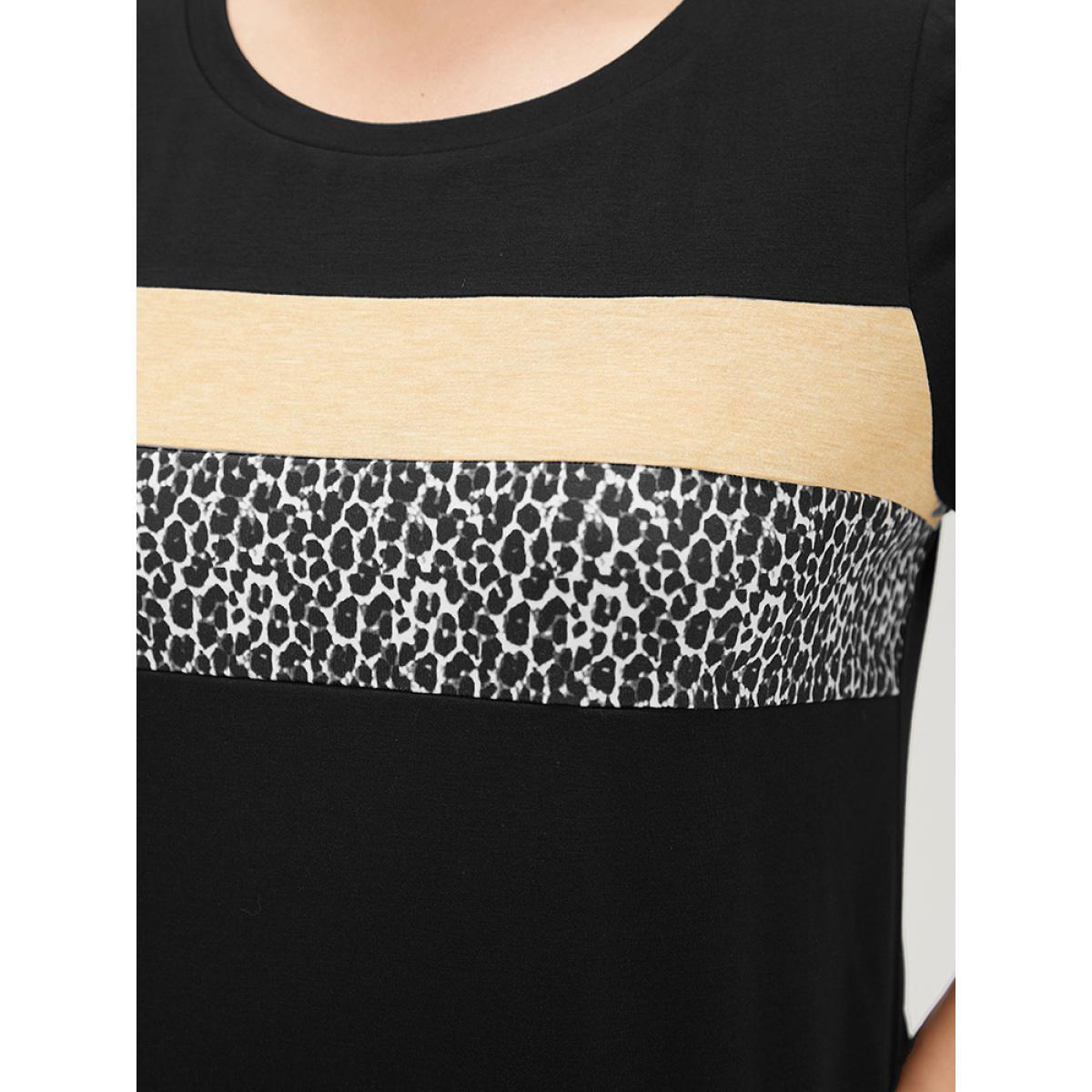Plus Size Supersoft Essentials Leopard Colorblock Contrast Round Neck T-shirt Black Women Casual Leopard Round Neck Dailywear T-shirts BloomChic 30/6X Product Image