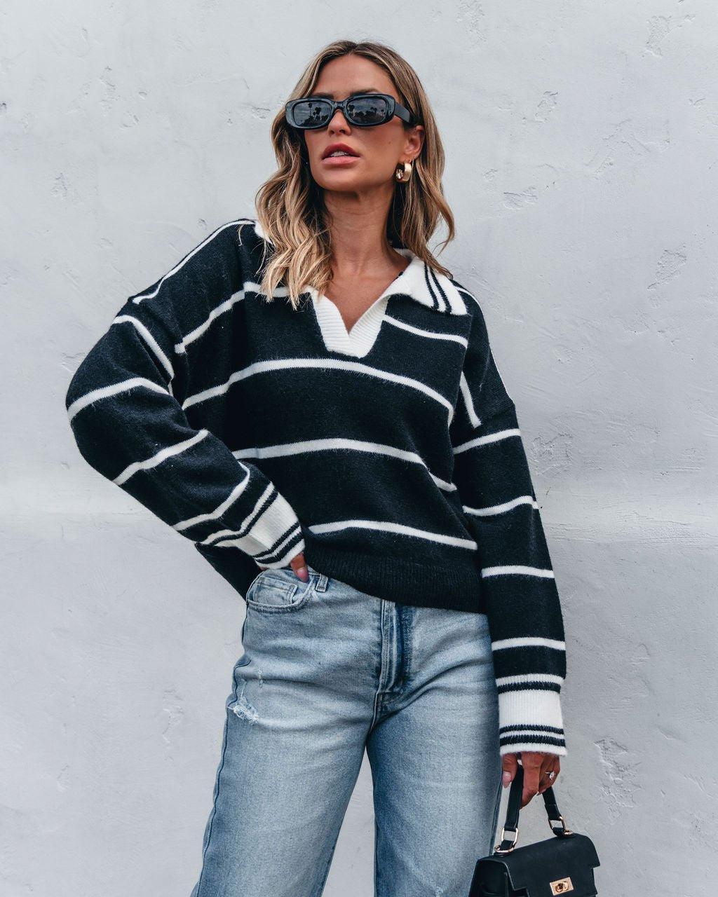 Black and White Stripe Collared Sweater - FINAL SALE Product Image