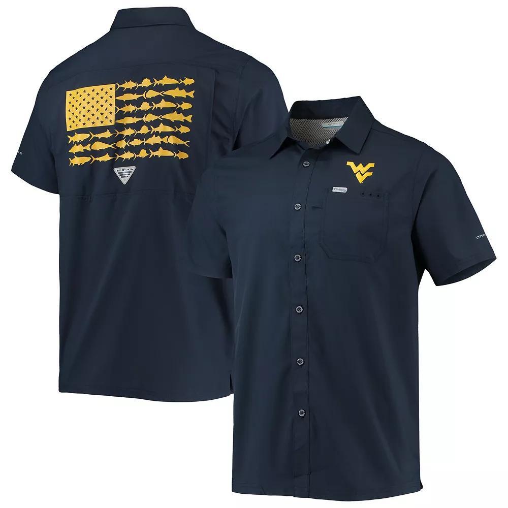 Men's Columbia PFG Navy West Virginia Mountaineers Slack Tide Camp Button-Up Shirt,  Product Image