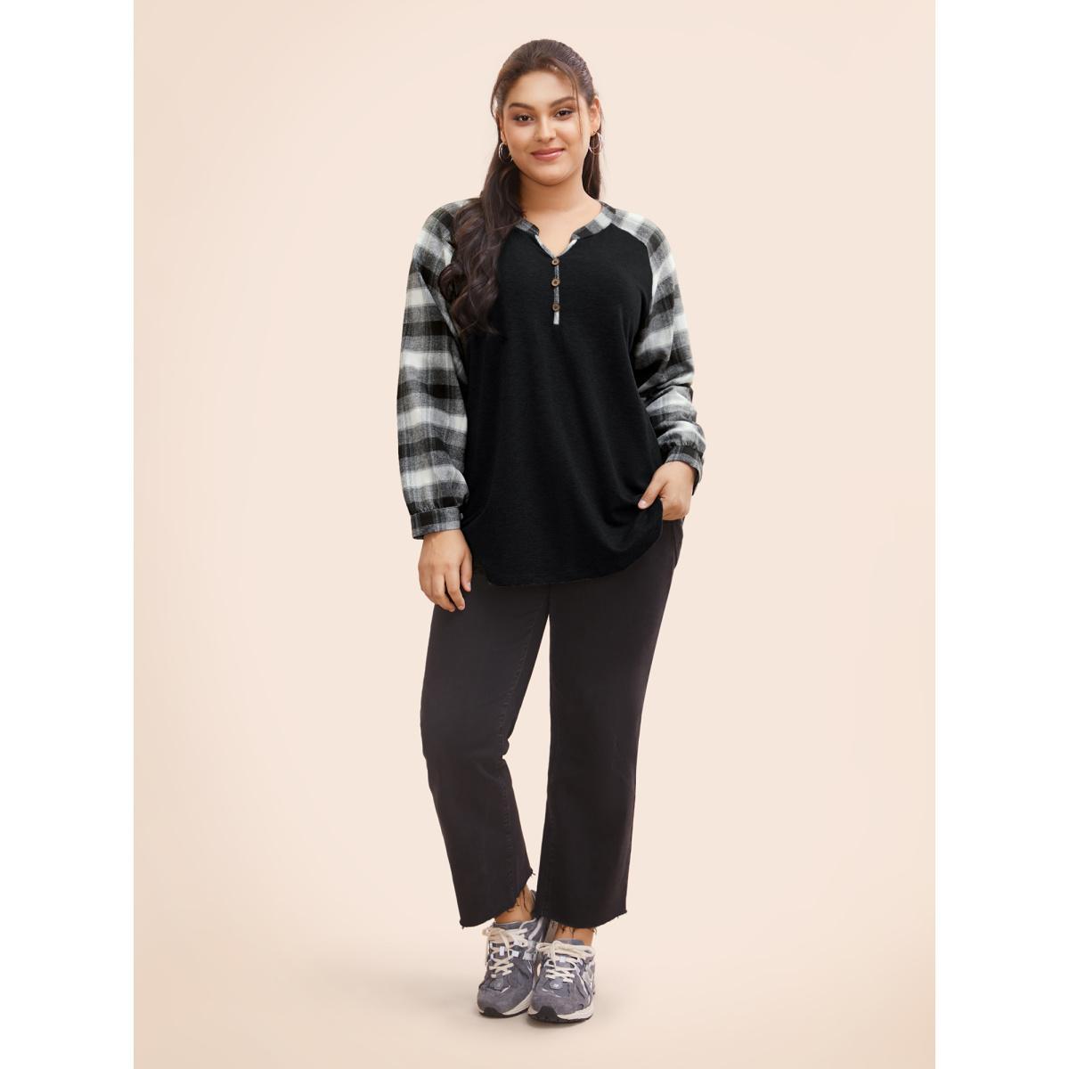 Plus Size Plaid Patchwork Notched Button Detail Sweatshirt Women Black Leisure Patchwork Notched collar Casual Sweatshirts BloomChic 18-20/2X Product Image