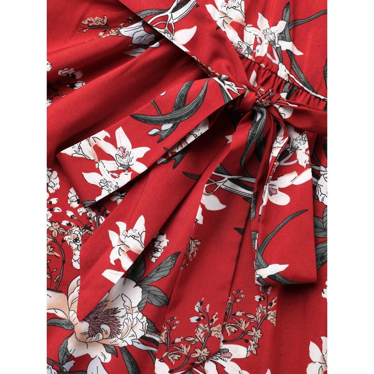 Plus Size Floral Print Waist-Tie V-Neck Midi Dress Scarlet Women Elegant Belted V-neck Half Sleeve Curvy BloomChic 26/4X Product Image