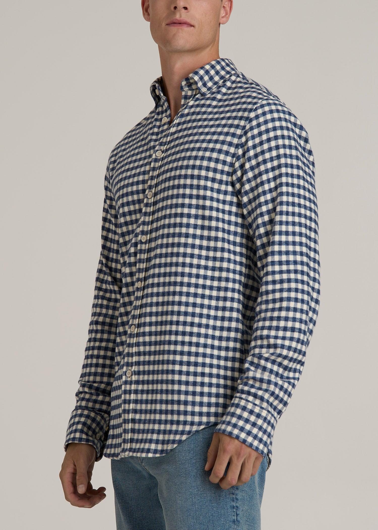 Midweight Brushed Flannel Button Shirt for Tall Men in Blue and Ecru Gingham Product Image