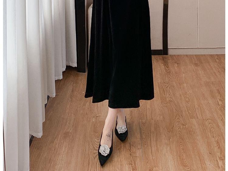 Long Sleeve V-Neck Plain Velvet Lace Trim Midi A-Line Dress Product Image