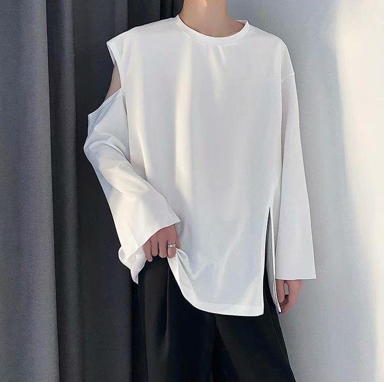 Long-Sleeve Crew Neck Plain Cutout Slit T-Shirt Product Image