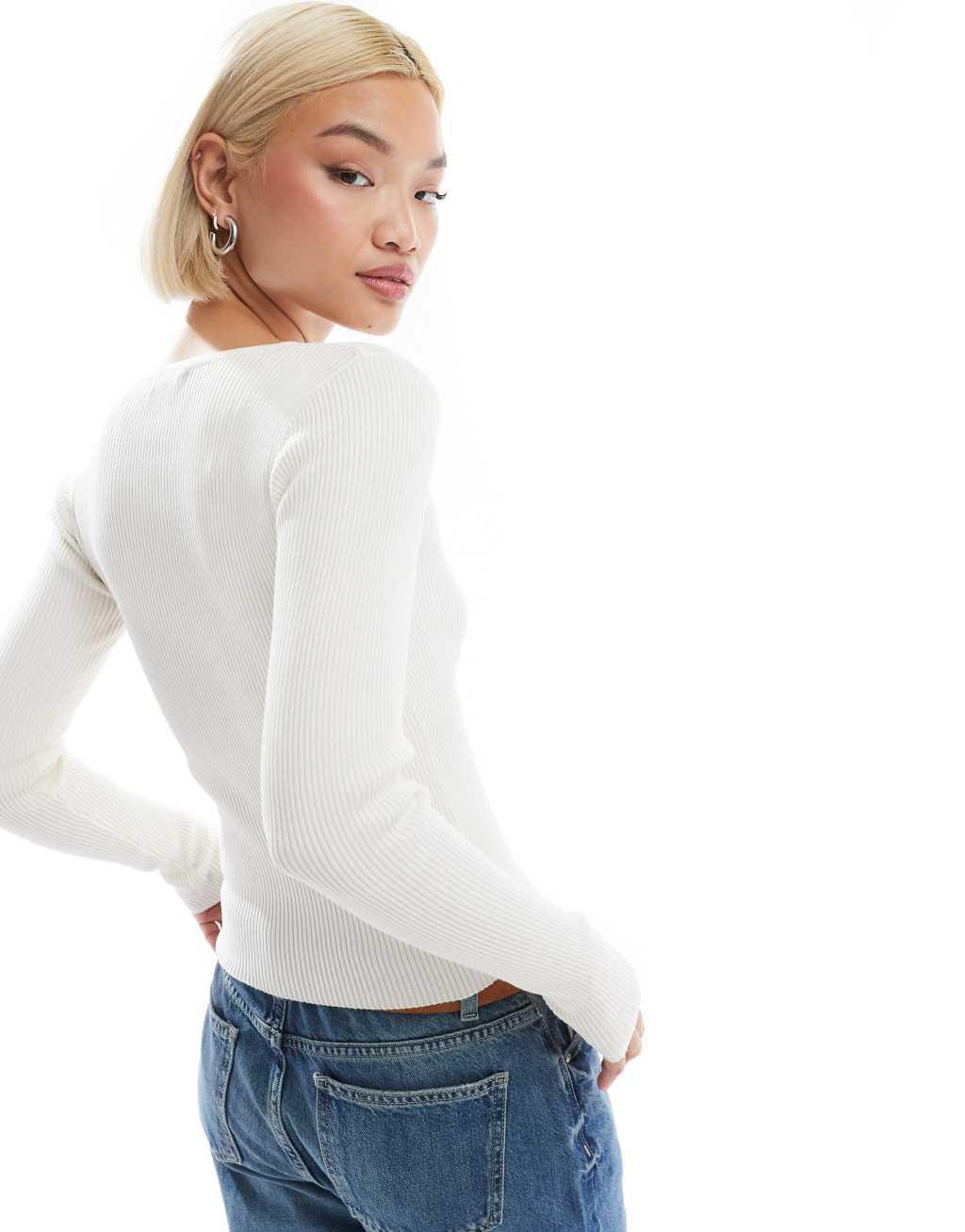 Stradivarius fitted ribbed cardigan in ecru Product Image