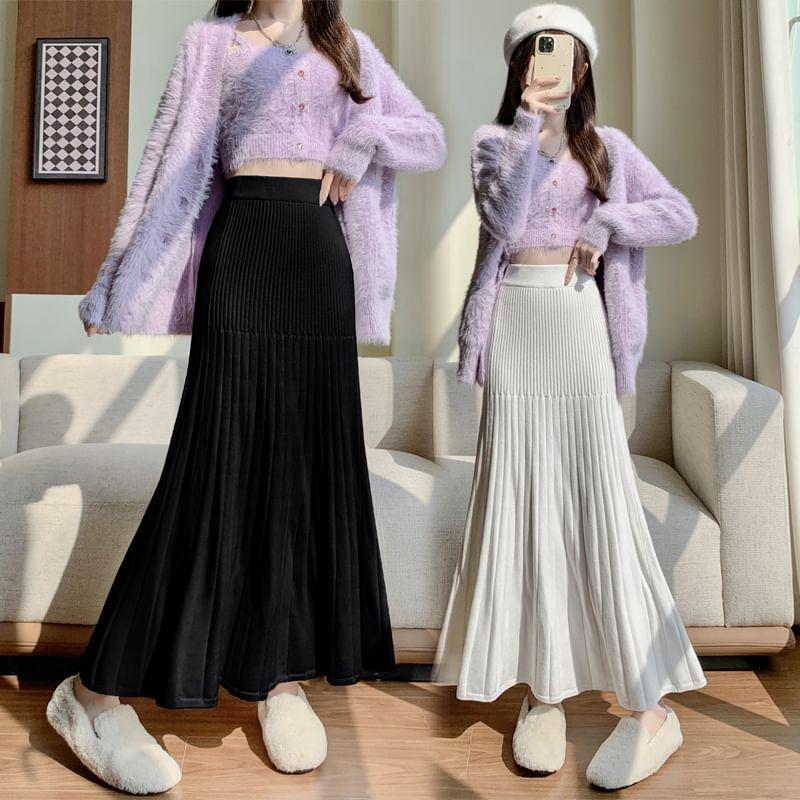 High Waist Plain Ribbed Knit Maxi A-Line Skirt Product Image