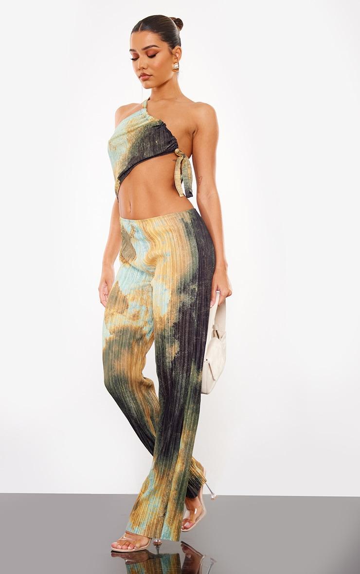 Multi Blurred Abstract Print Plisse Cut Out One Shoulder Jumpsuit Product Image