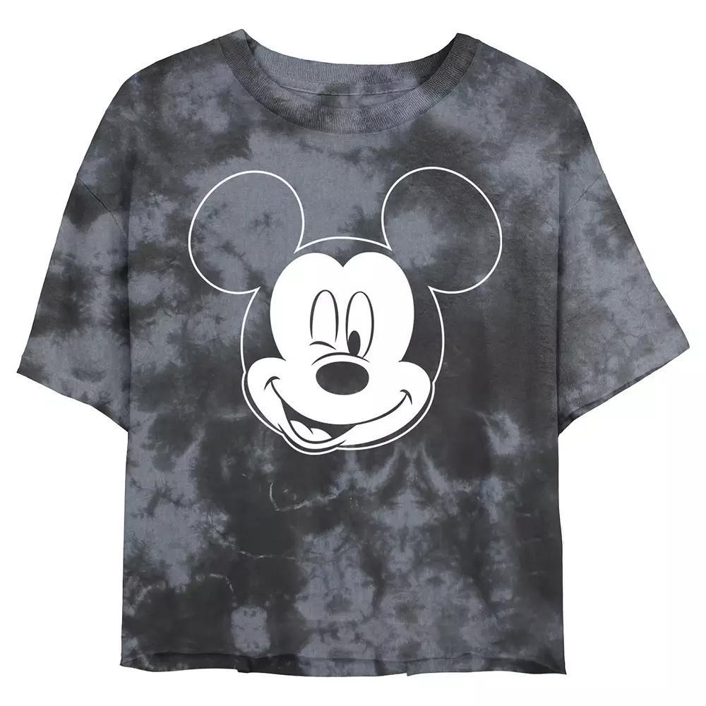 Juniors' Disney Mickey Mouse Large White Outline Winking Face Wash Crop Tee, Girl's, Size: Medium, Black Grey Product Image