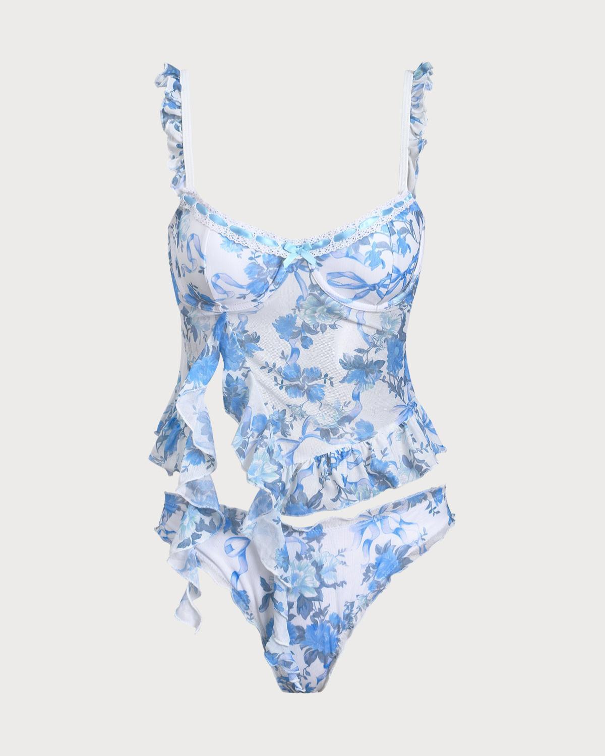 Blue Floral Ruffled Tankini Swimsuit Product Image