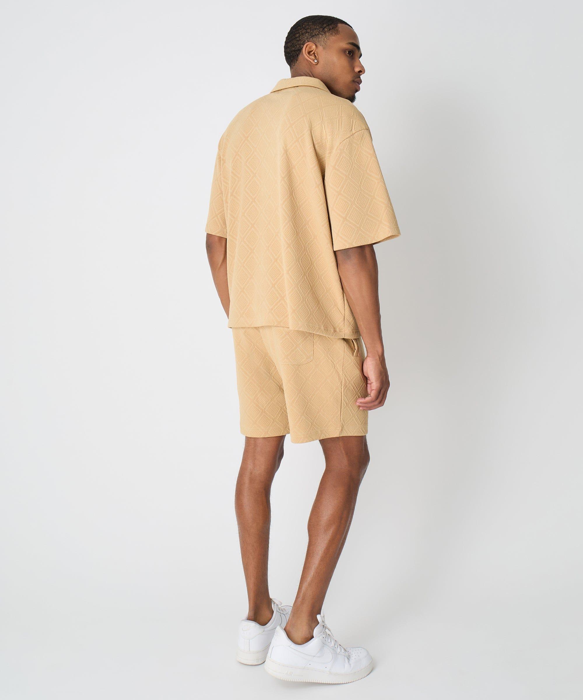 Textured Knit Short Sleeve Button Down Shirt - Taupe Product Image