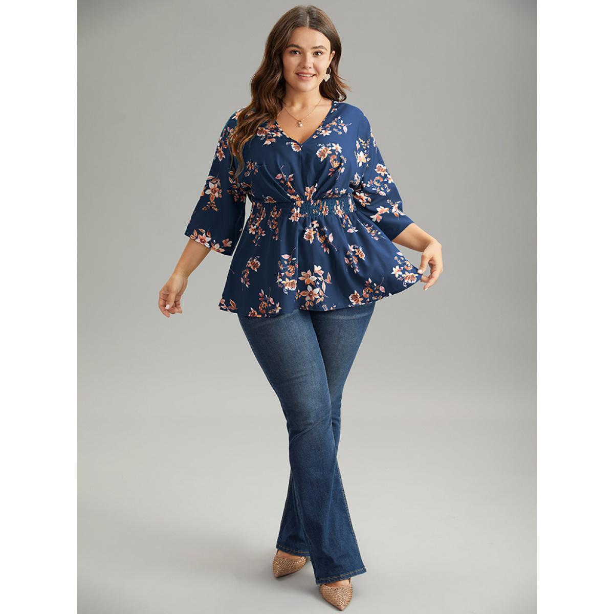 Plus Size Indigo Floral Print Shirred Plicated Detail Blouse Women Elegant Elbow-length sleeve V-neck Dailywear Blouses BloomChic 30/6X Product Image