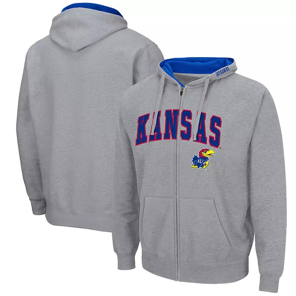 Men's Colosseum Heathered Gray Kansas Jayhawks Arch & Logo 3.0 Full-Zip Hoodie,  Product Image