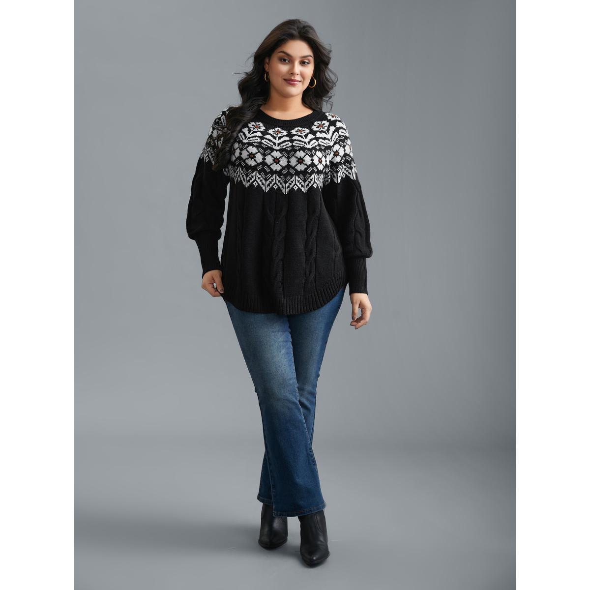 Plus Size Floral Cable Knit Curved Hem Pullover Black Women Casual Loose Long Sleeve Round Neck Everyday Pullovers BloomChic 14-16/1X Product Image