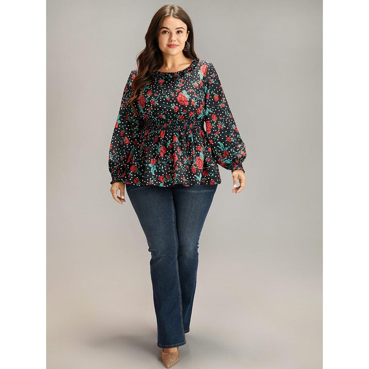 Plus Size BlackFlower Rose Print Shirred Frill Trim Lantern Sleeve Blouse Women Elegant Long Sleeve Round Neck Dailywear Blouses BloomChic 10/M Product Image