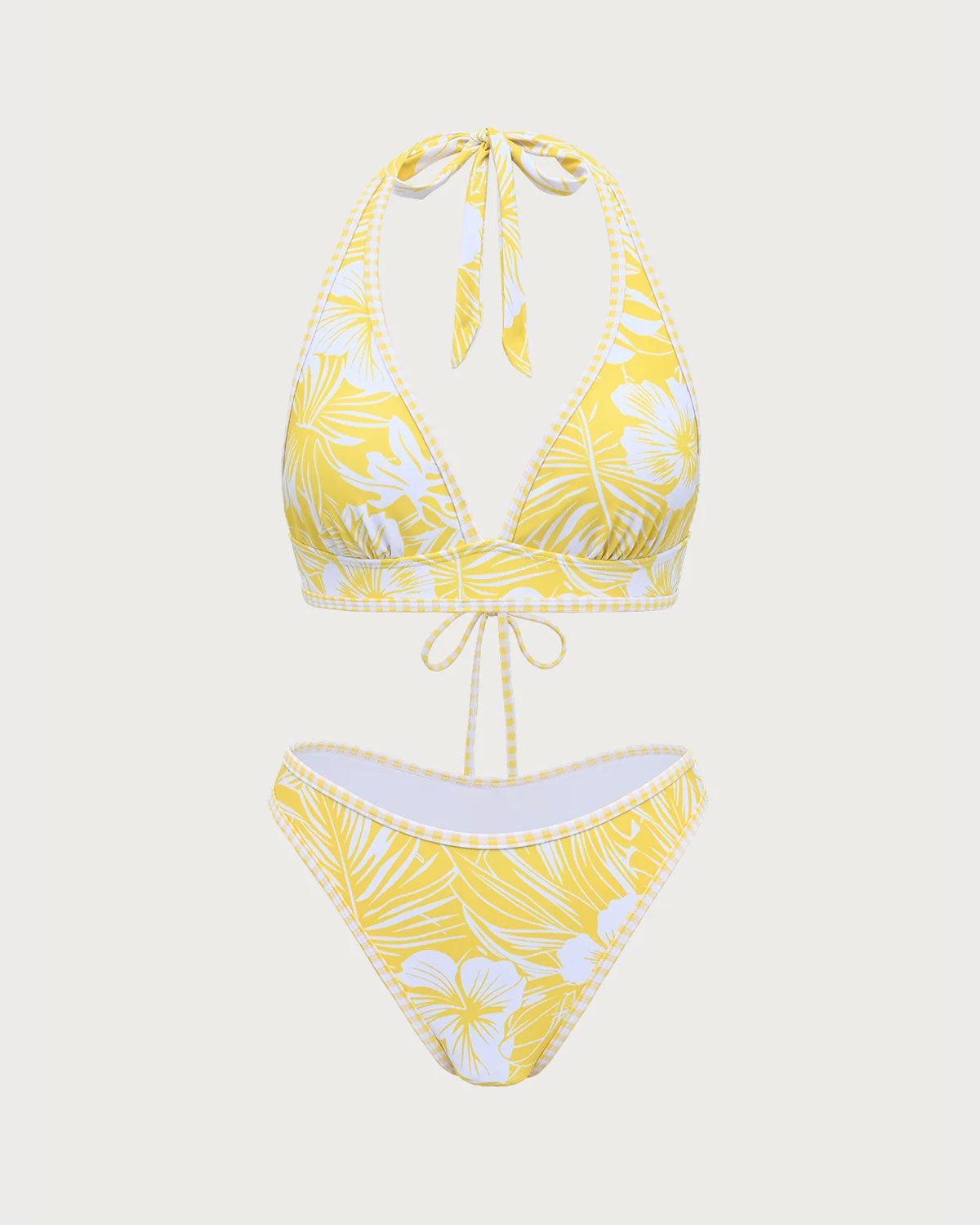 Yellow Knit Tropical Print Bikini Set Product Image