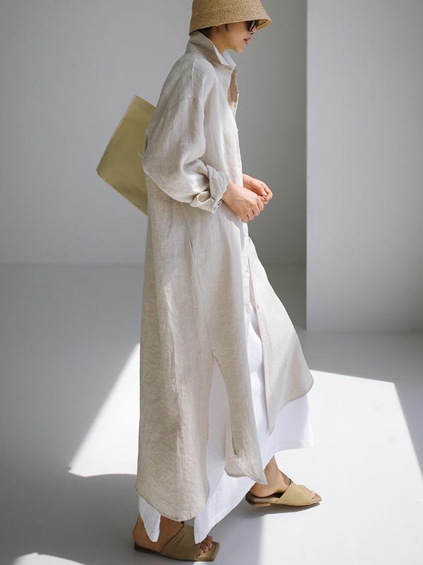 Simple Long Sleeves Split-Side Solid Color Lapel Midi Dresses Shirt Dress Product Image