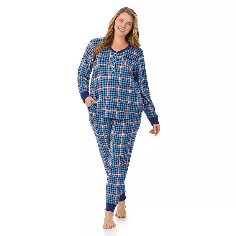 Plus Size Cuddl Duds Cozy Long Sleeve Henley Pajama Top & Pajama Bottoms Set, Womens Cream Brown Product Image