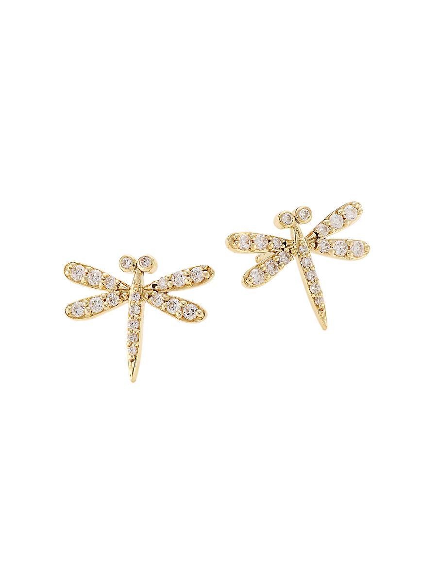 Womens 14K Yellow Gold & Diamond Dragonfly Stud Earrings Product Image