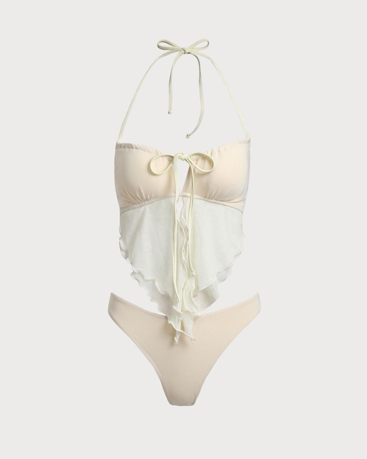 White Mesh Ruched Tankini Swimsuit Product Image