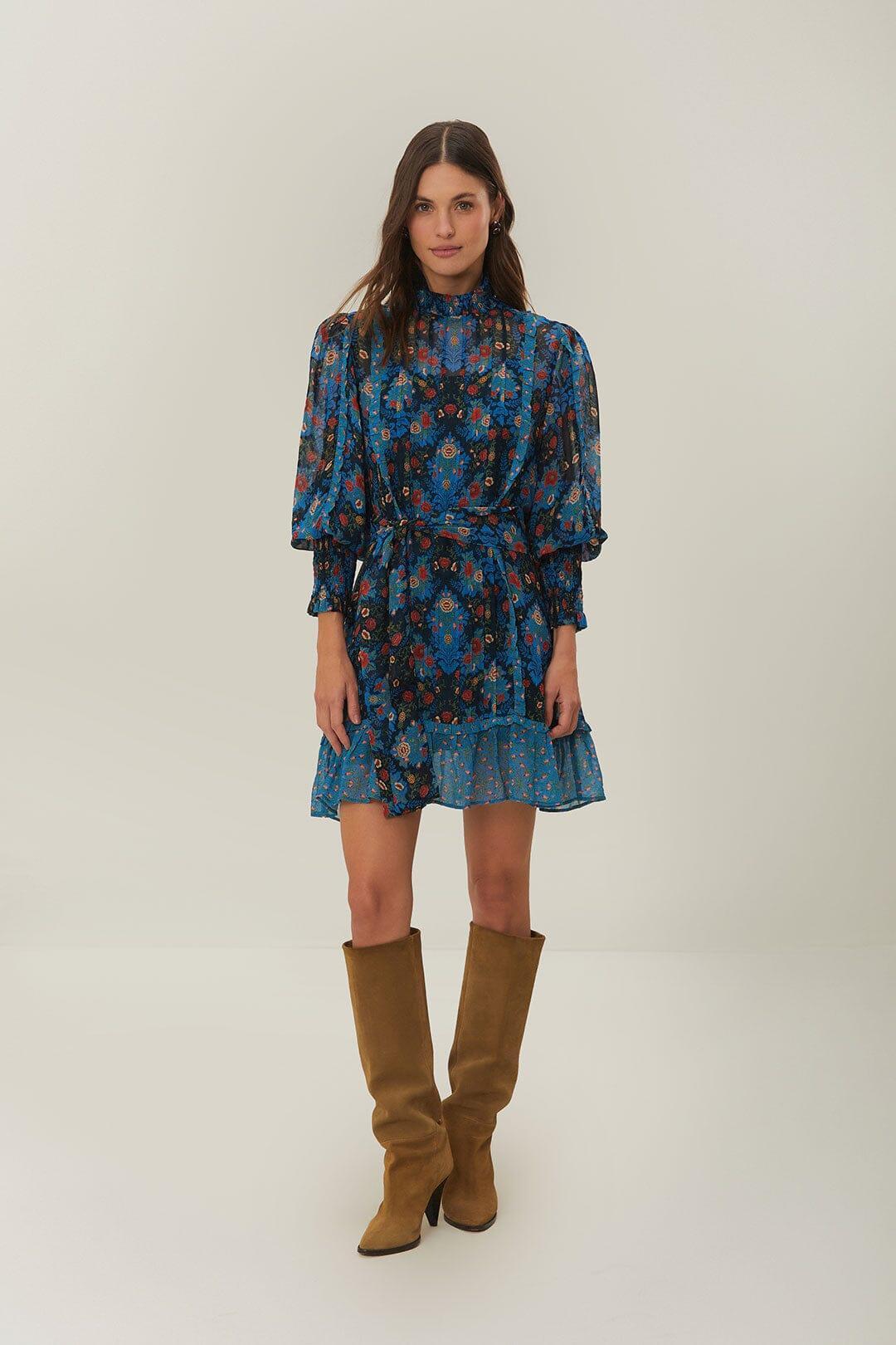 Blue Arabesque Floral High Neck Mini Dress, ARABESQUE FLORAL BLUE / M Product Image