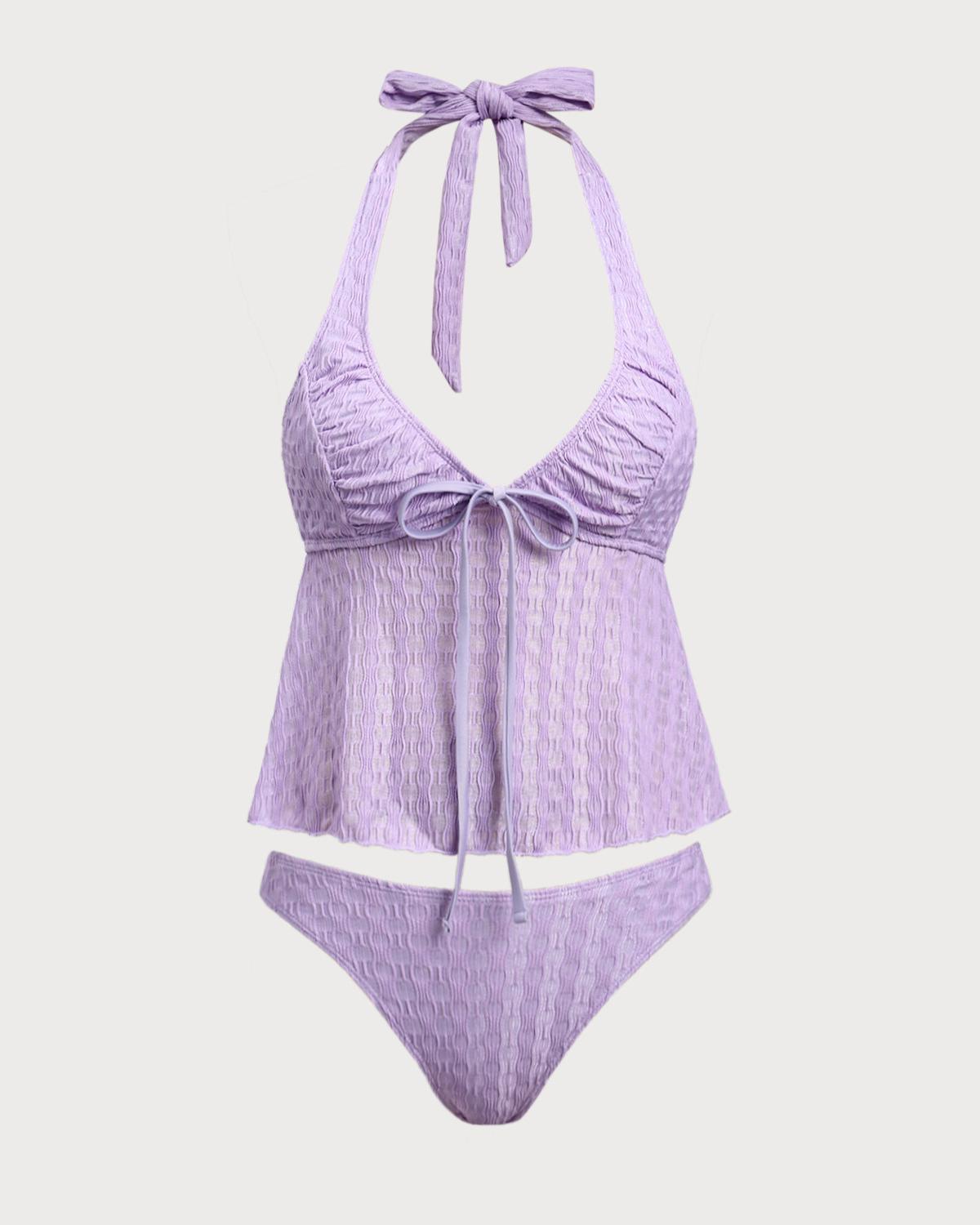 Purple Ruched V-Neck Tankini Swimsuit Product Image