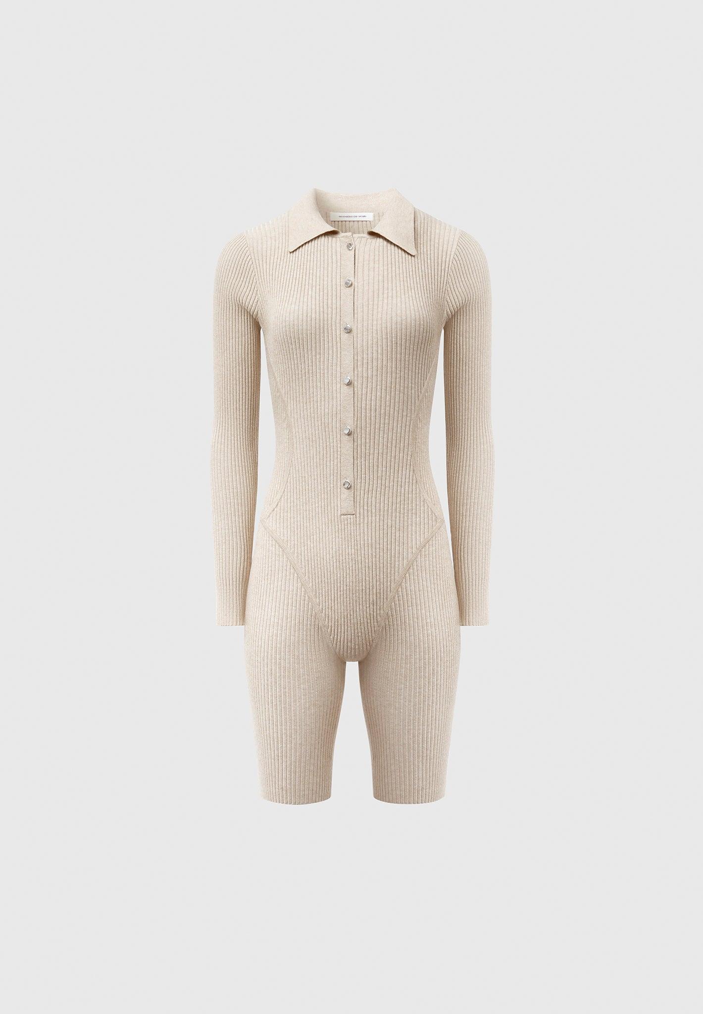 Ribbed Knit Long Sleeve Playsuit - Beige Female Product Image