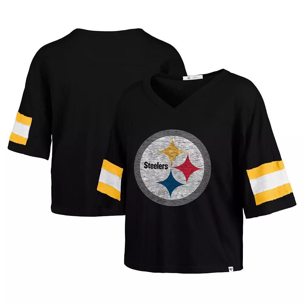 Women's '47 Black Pittsburgh Steelers  Double Header Scout Cropped V-Neck T-Shirt, Size: Small Product Image