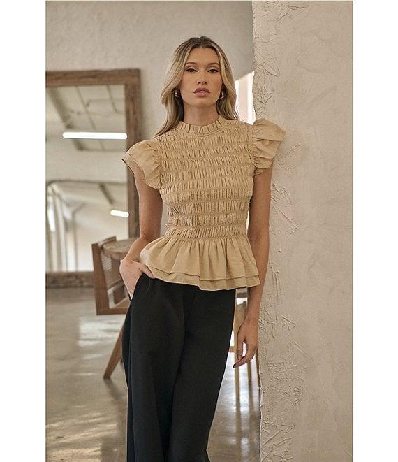 Sugarlips Ruffle Mock Neckline Short Sleeve Smocked Peplum Top Product Image