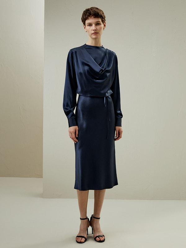 Mock Neck Silk Midi Dress Product Image