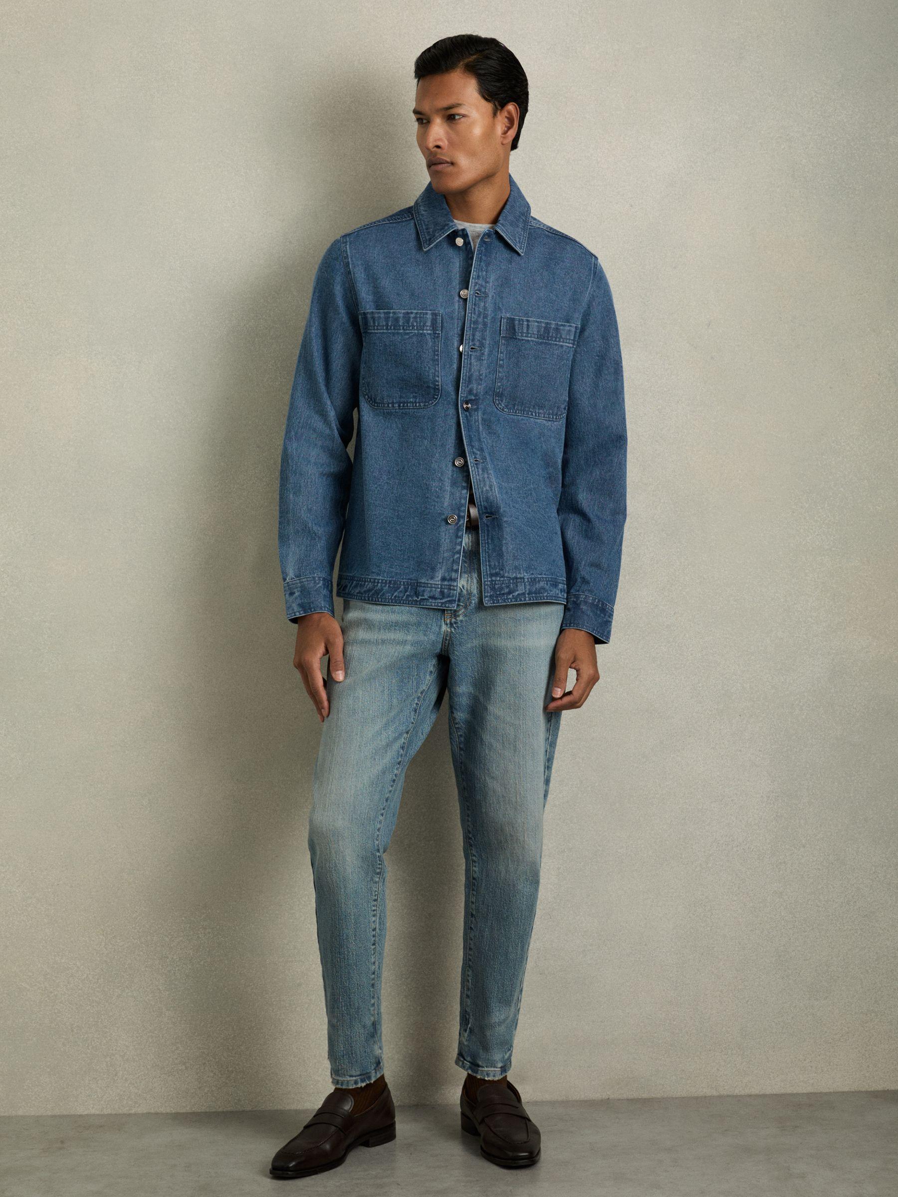 Cotton-Denim Button-Through Overshirt in Light Blue Wash Product Image
