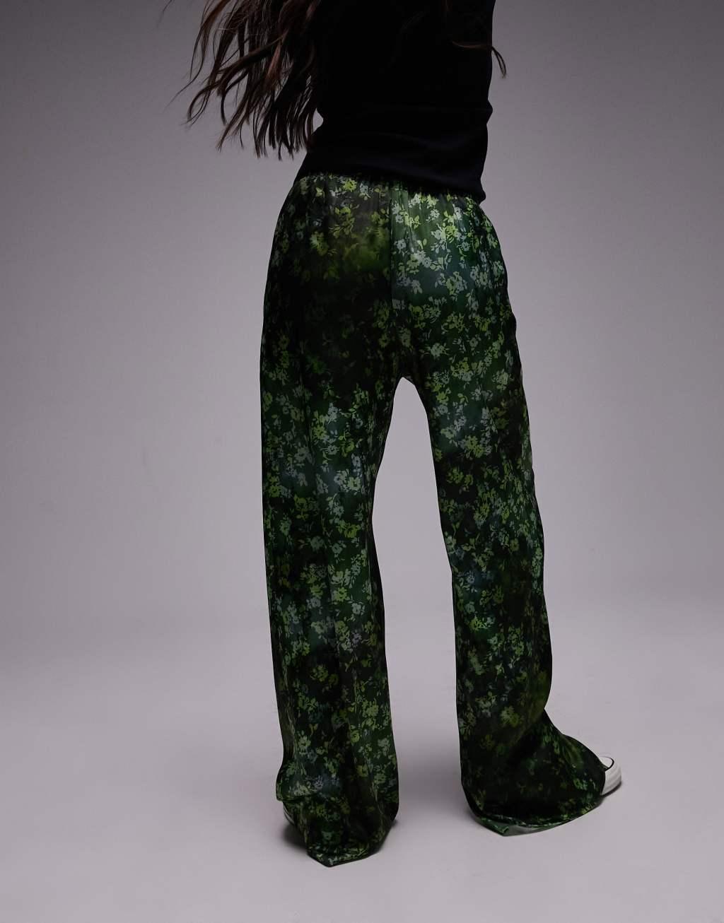 Topshop satin print wide leg pull on pants Product Image