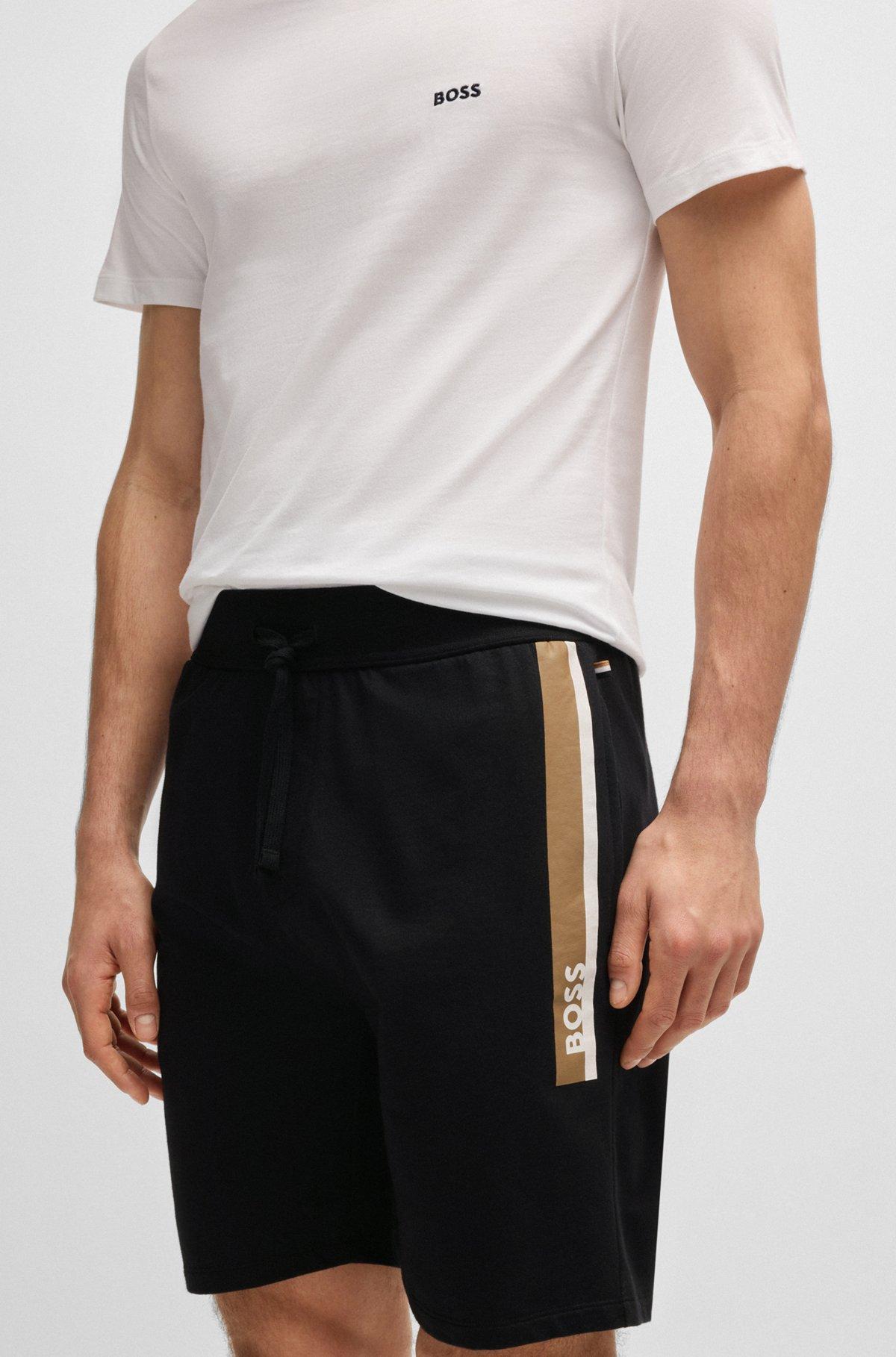 BOSS - Cotton-terry shorts with stripe print - Black Product Image